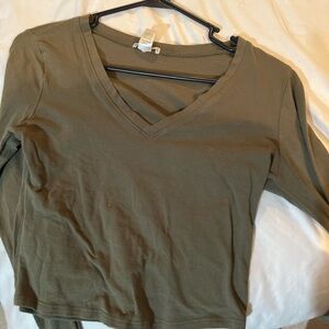 Olive V-Neck Women's Long Sleeve Top
